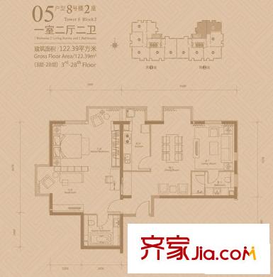 悠唐大都会户型图8号楼2座05户型 1室2厅2卫1厨