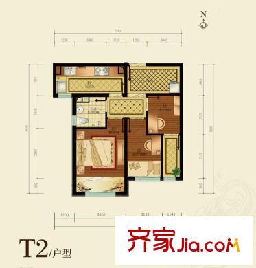 納帕瀾郡戶型圖T2戶型 3室1廳1衛(wèi)1廚