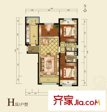 納帕瀾郡戶型圖H反戶型 2室2廳2衛(wèi)1廚