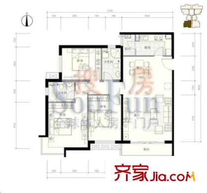 鸿业兴园户型图1号楼A3反户型 3室2厅2卫1厨