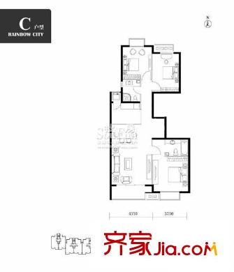 彩虹新城户型图14号楼C两室户型 2室2厅1卫1厨