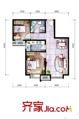 远洋春天著C户型75平 2室2厅1卫1厨