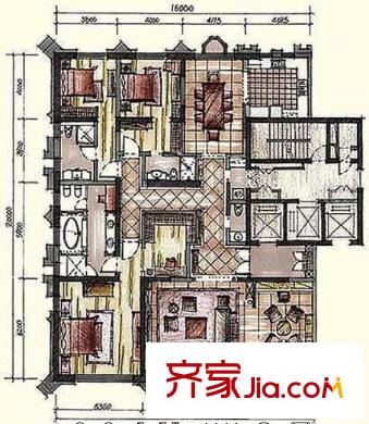 钓鱼台七号院户型图一期A3户型 3室2厅4卫1厨