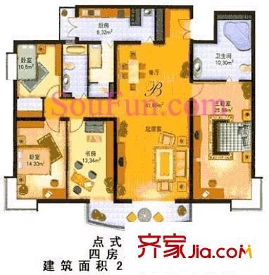 中海紫金苑户型图点式B户型 4室2厅2卫1厨