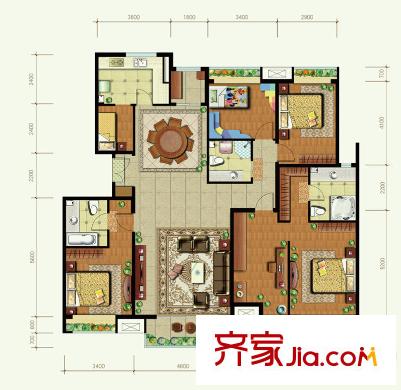 世华水岸户型图F4楼c3-1出行 4室2厅3卫1厨
