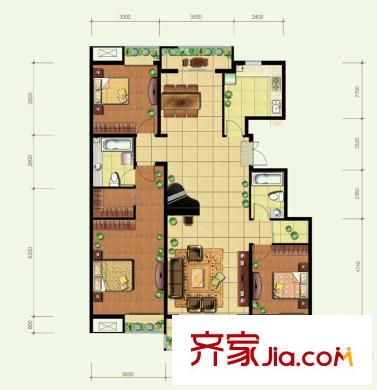 世华水岸户型图F1楼b1户型 3室2厅2卫1厨