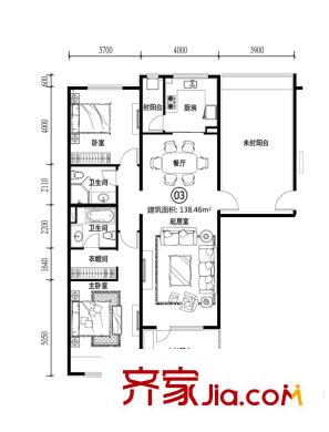 富力丹麦小镇户型图m5一单元03户型 2室2厅2卫1厨