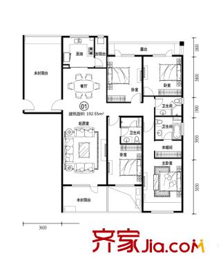 富力丹麦小镇户型图m5一单元01户型 4室2厅3卫1厨