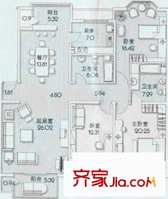 九龙家园户型图07户型 3室2厅2卫1厨