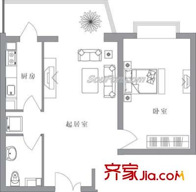 通典铭居户型图G栋E户型 1室1厅1卫1厨