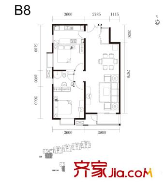 水墨林溪B8户型 2室2厅1卫1厨