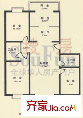 腾龙家园户型图四单元三居室户型 3室2厅2卫1厨