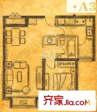 阳光波尔多户型图a3户型 1室2厅1卫1厨