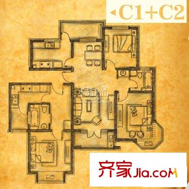 阳光波尔多户型图c1,2户型 3室2厅2卫1厨