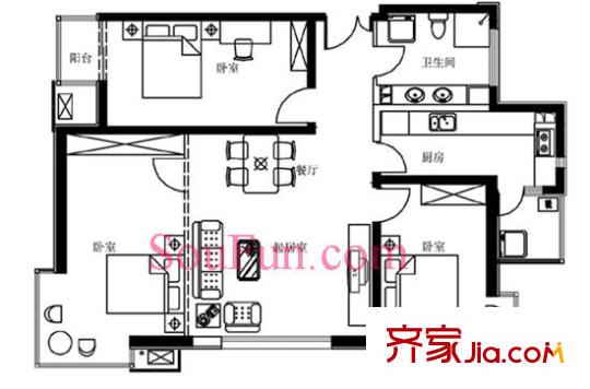 城市绿洲家园户型图B10户型 3室2厅1卫1厨