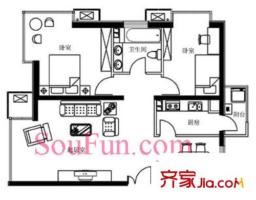 城市绿洲家园户型图B30户型 2室2厅1卫1厨