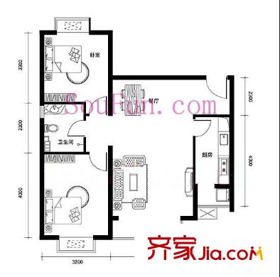 润龙家园户型图C户型 2室2厅1卫1厨