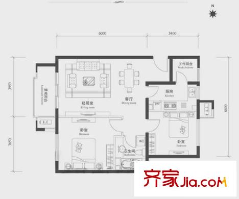 鸿坤理想城户型图礼域12、18号楼T’户型图(已售完) 2室2厅1卫1厨