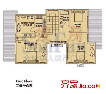 丽嘉花园户型图A户型二层平面图 3室2卫