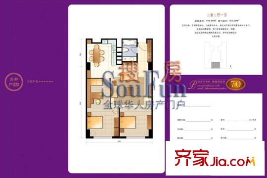 艾瑟顿国际公寓户型图合并户型2 2室2厅1卫1厨