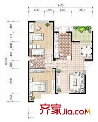 天恒乐活城户型图D1户型图 2室2厅1卫1厨