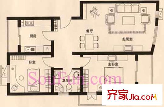 知本时代户型图户型图 2室2厅1卫1厨