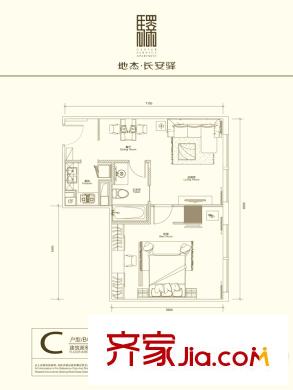 地杰长安驿B栋C户型 1室2厅1卫1厨