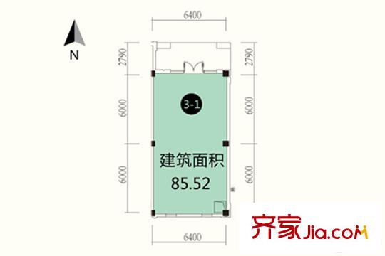 保利春天里3#3-1户型图 1室1厅1卫1厨