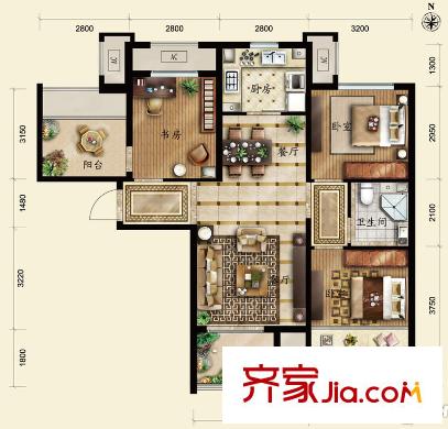 保利春天里C1户型图 3室2厅1卫1厨