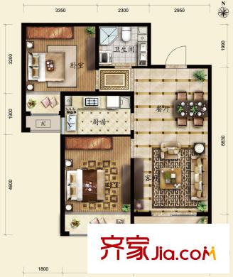 保利春天里B1户型图 2室2厅1卫1厨