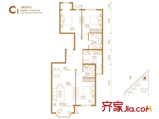 首创・伊林郡一期C1户型 3室2厅1卫1厨