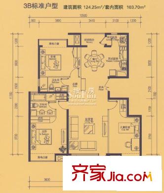 中海城户型图3B户型图 3室2厅2卫2厨
