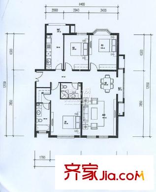 中海城户型图3b-1户型图 3室2厅2卫