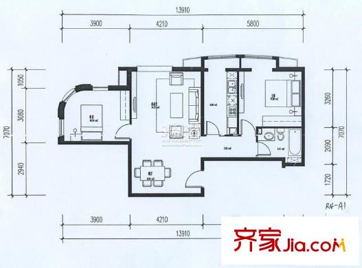 中海城户型图R4-A1户型图 2室2厅1卫1厨