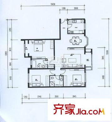 中海城户型图3a-3户型图 3室2厅2卫1厨