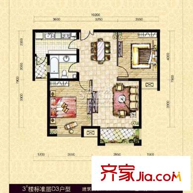 中海紫御公馆户型图3#楼标准层D3户型(已售完) 2室2厅1卫1厨