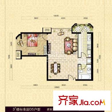 中海紫御公馆户型图3#楼标准层D5户型(已售完) 1室2厅1卫1厨