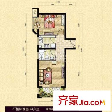 中海紫御公馆户型图3#楼标准层D4户型(已售完) 1室1厅1卫1厨