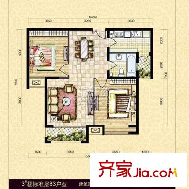 中海紫御公馆户型图3#楼标准层B3户型(已售完) 2室2厅1卫1厨