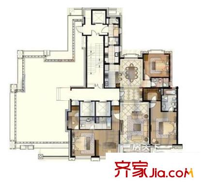 万达大湖公馆户型图B9户型 3室2厅3卫1厨