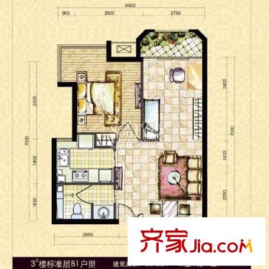 中海紫御公馆户型图3#楼标准层B1户型(已售完) 2室1厅1卫1厨