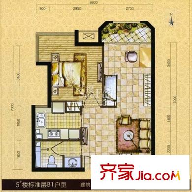中海紫御公馆户型图5#楼标准层B1户型(已售完) 2室1厅1卫1厨
