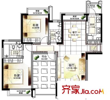 香悦四季(合景溪西里)601#602#603#C户型 2室2厅2卫1厨
