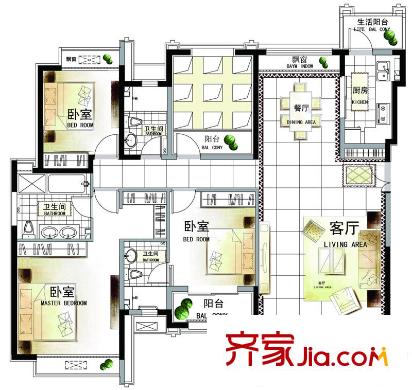 香悦四季(合景溪西里)B户型 3室2厅3卫1厨