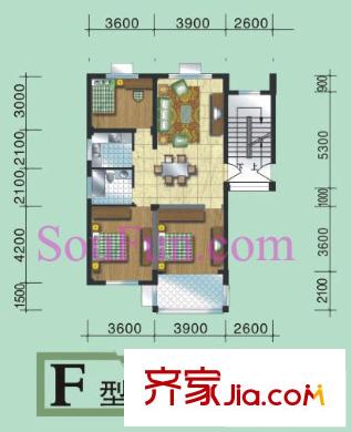 青林嘉園戶型圖F戶型 3室2廳1衛(wèi)1廚