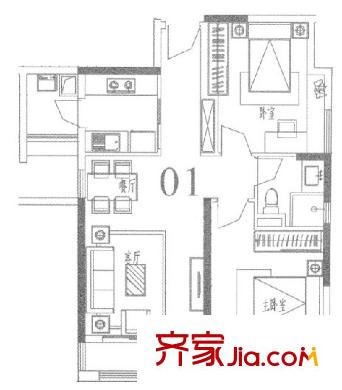 万科柏悦湾户型图2室2厅户型图 2室2厅1卫1厨