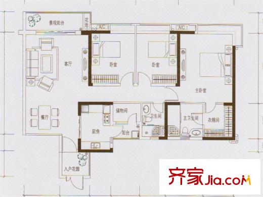 路劲隽泷湾11、13、15栋03户型 4室2厅2卫