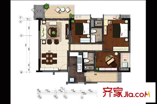 龙津世家B栋B-04户型图 3室2厅2卫1厨