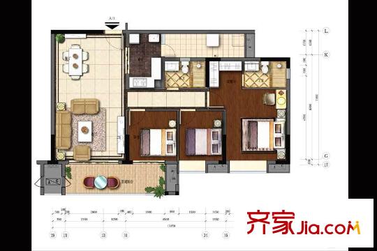 龙津世家B栋B-02户型图 3室2厅2卫1厨
