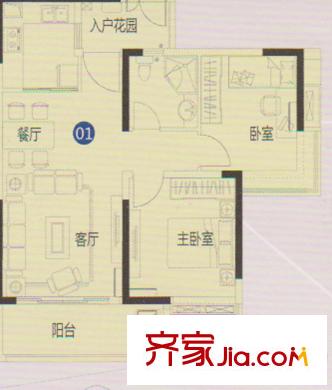 中国铁建荔湾国际城7栋2单元01户型 2室2厅1卫1厨